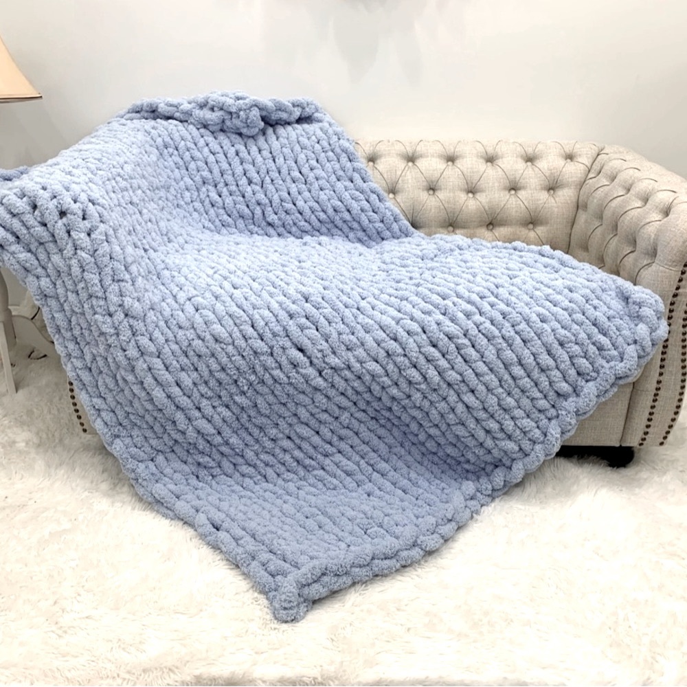 Chunky Chenille Yarn Blanket - Ice Blue